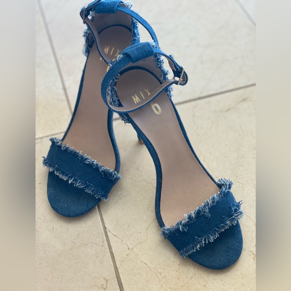 Denim ankle strap heels